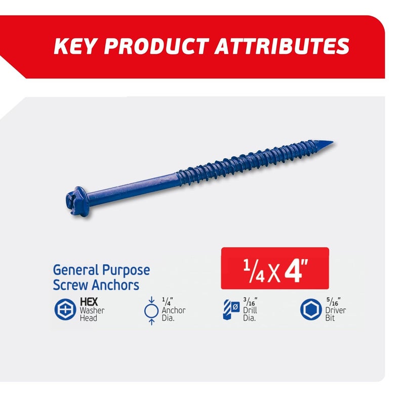 FixMaster 1/4 x 4 Hex Head Blue Concrete Screw Anchors (100 pcs Screw Kit) with one Screwdriver and Drill Bit for Concrete, Masonry, Block, Brick and Wood Fastening - Image 2